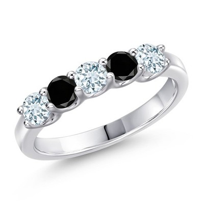 925 Sterling Silver Aquamarine and Black Diamond Wedding-Bands Ring For Women |