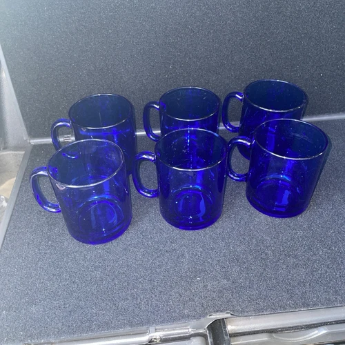 6 Vintage France Arcoroc Cobalt Blue Glass Mugs Lot Of 6 No Chips! No Cracks!😊