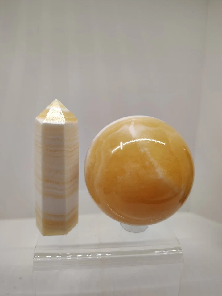 Beautiful Banded Orange Calcite Yellow Calcite Sphere Point Combo Mineral Gift - Image 4 of 4