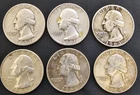 Lot of 6 Silver Washington Quarter, 1953-1964, Circulated, 90% Silver