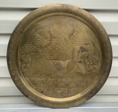 Large 19.5  Egyptian Egypt Nefertiti Pyramid Sphinx Brass Wall Platter Plate