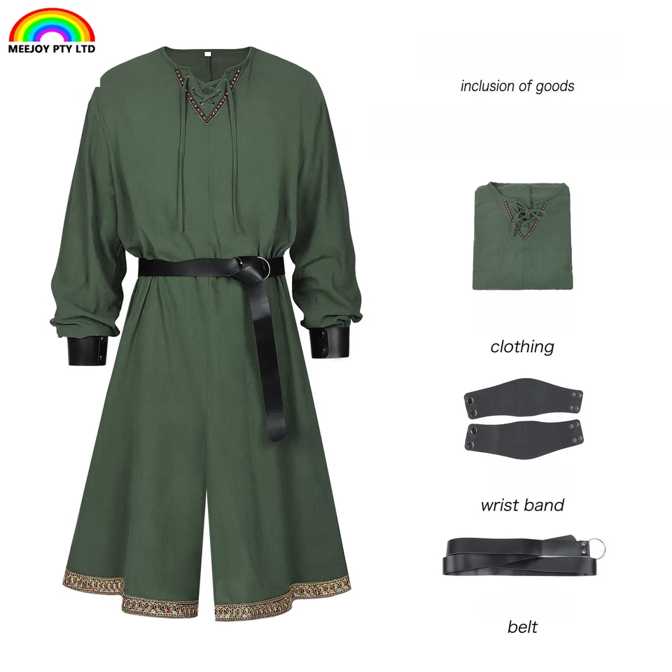 Medieval Tunic Halloween Costumes Cosplay Larp Knight Pirate Viking Long Top Set — 第 3/4 张图片