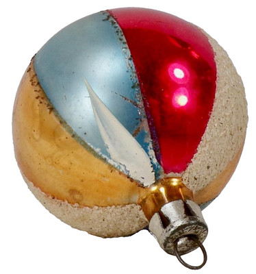 Christmas Ornament Blown Glass Red Gold Blue White Stripes Glitter Fantasia #668