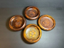 VTG Set of 4 Rustic Boho Hand Carved Brown Wooden Floral Pattern Round 6" Bowls
