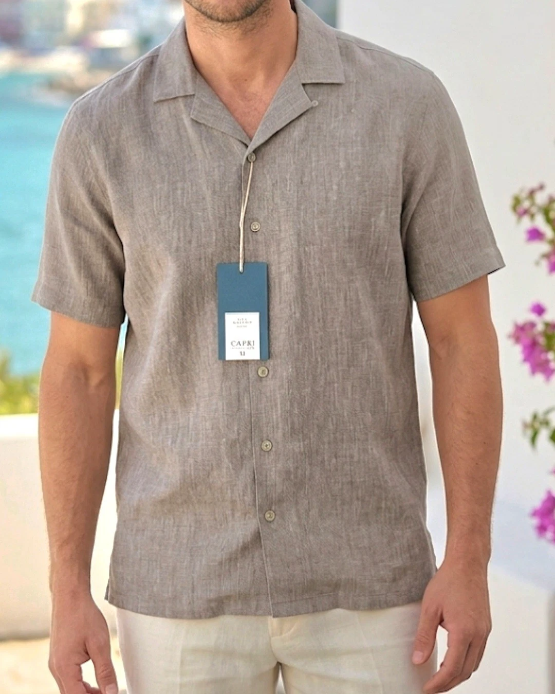 Ike Behar Taupe Color Linen Rayon Blend Button Down Shirt Size Small