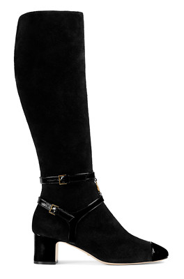 Gucci Geraldine 55 Black Suede Patent GG Gold Logo Low Heel Knee High Boot 35