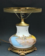 ANTIQUE HAND PAINTED SCENIC LANDSCAPE LAMP BASE MILK GLASS SIGNED ROBERTSON