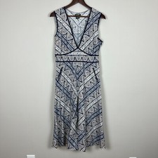 Eddie Bauer Midi Dress Womens 14 Blue Yellow Bandana Floral Print Cotton Stretch