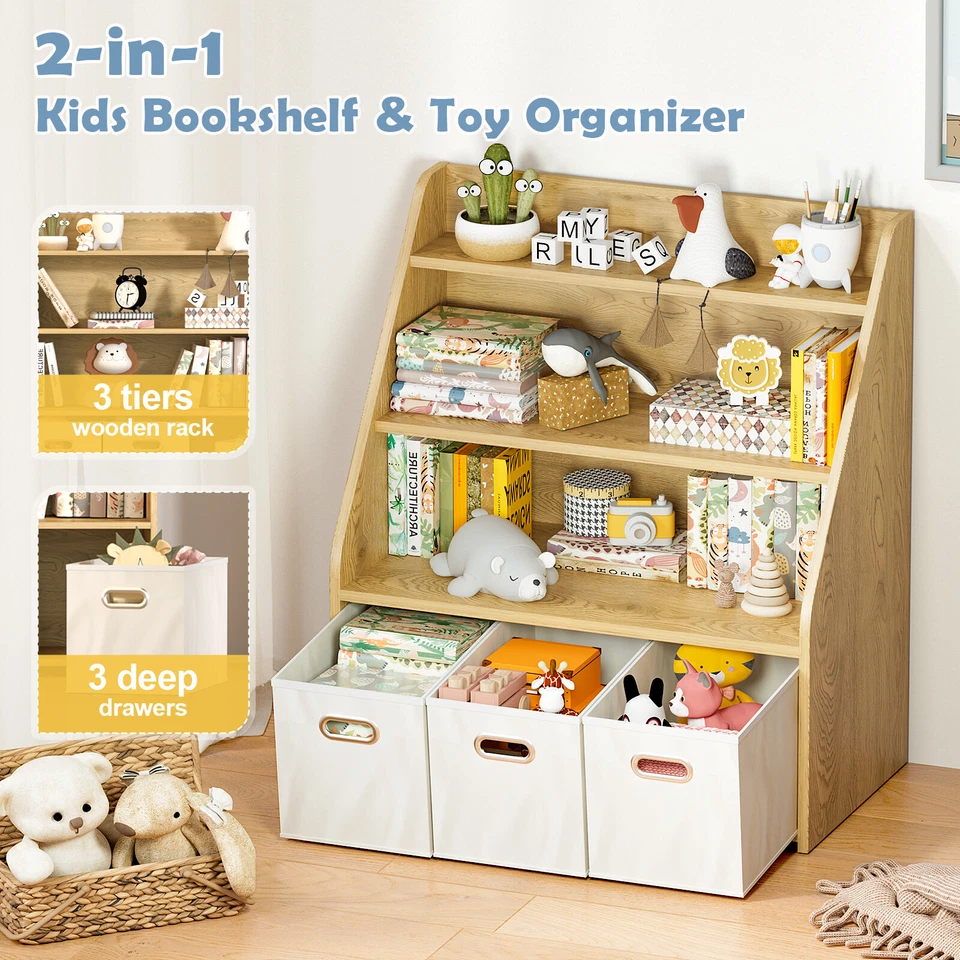 Kids Wooden Bookshelf 3 Tier Baby Toddler Bookshelf Toy Storage Organizer w/Cube - Image 3 of 4