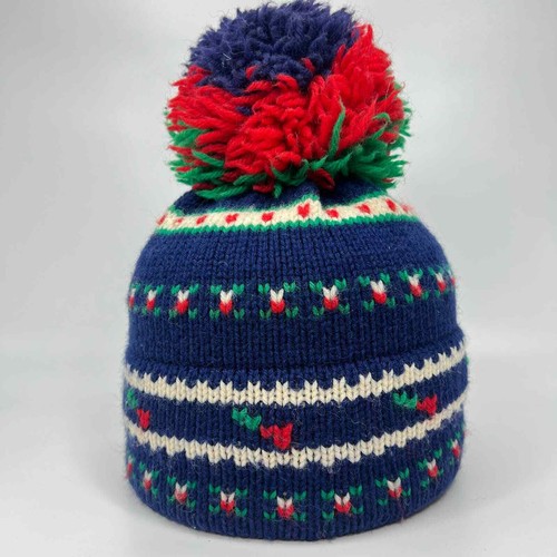Vintage 70er Jahre Marceau Sport 100 % Wolle Ski Beanie Strick Mütze Bommel Made in USA