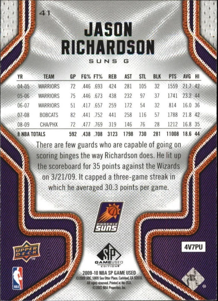 2009-10 SP Game Used Phoenix Suns Basketball Card #41 Jason Richardson - Image 2 of 2
