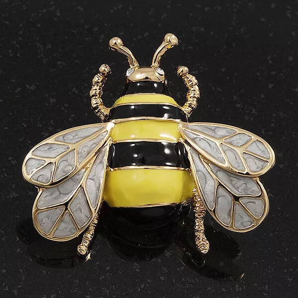 Yellow Black Enamel Bee Brooch In Gold Plated Metal 4cm Length