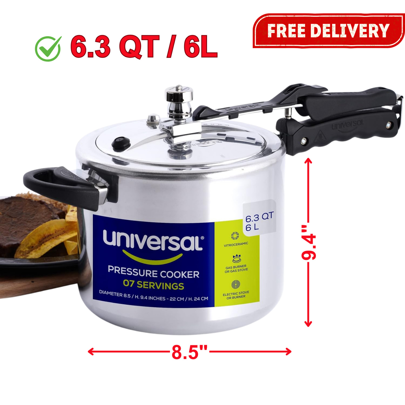 , 7 Servings, Aluminum Pressure Cooker W/ Safety Systems