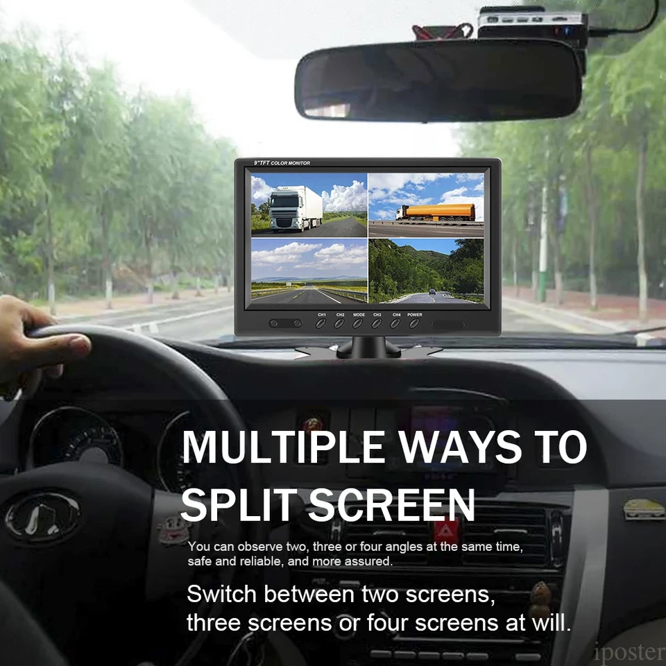 9" Quad Monitor Split Screen 4ch 4Pin Video In Flip Image 12-36v For Truck Cams - Image 4 of 4