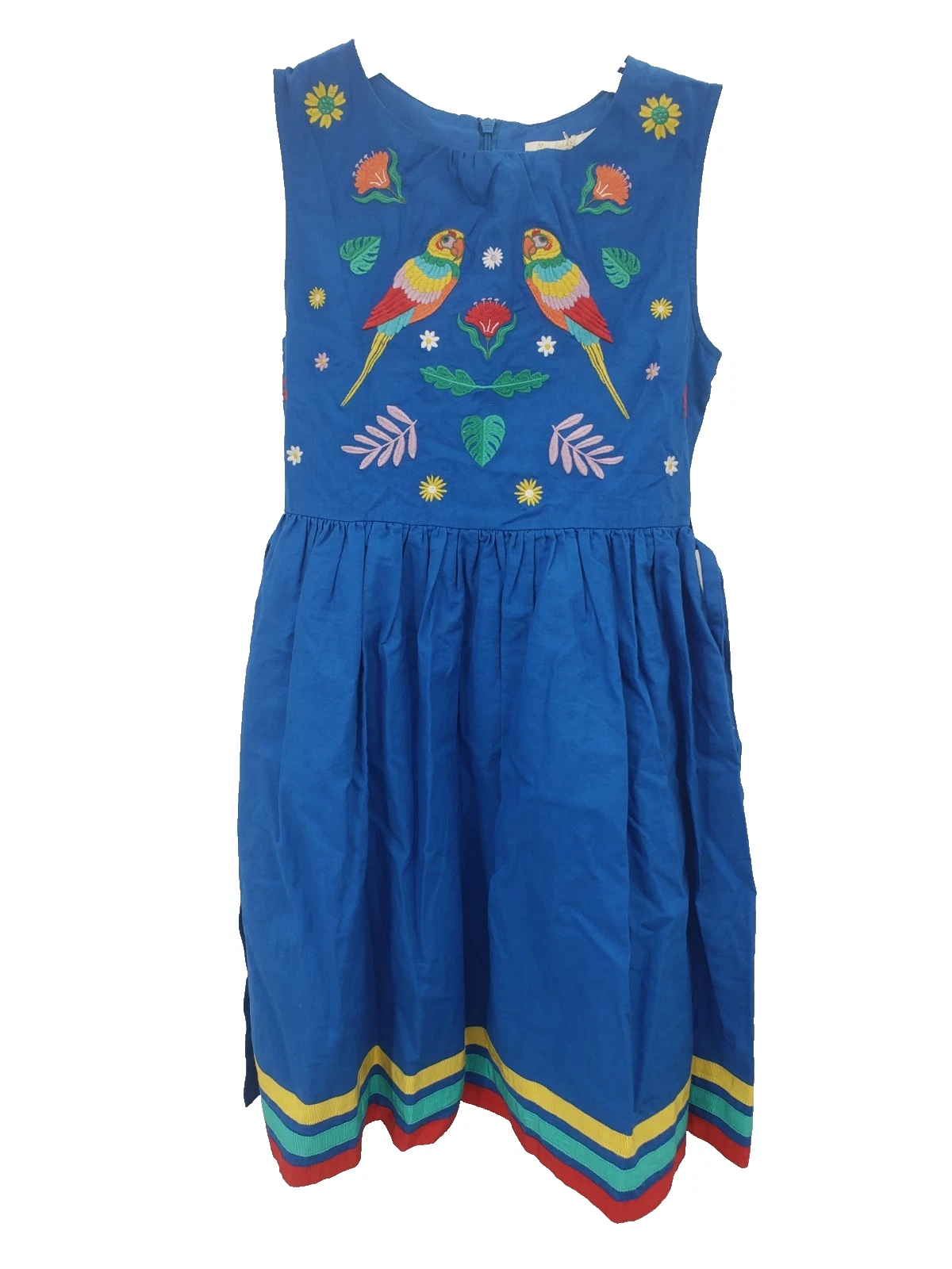 Mini Boden Dress Girls 11-12 Blue Jungle Parrot Embroidered Linen Sleeveless