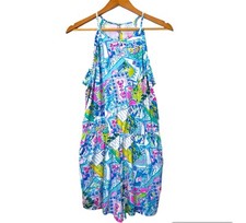 Lilly Pulitzer Romper Size M Halter Strap Blue Dayley Pop Up Wish You Were Here
