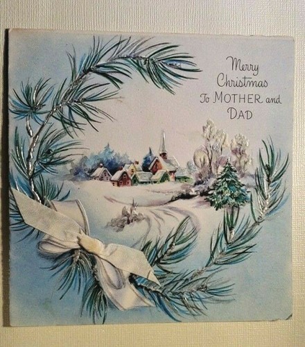 VTG 1948 HALLMARK HALL BROS. CHRISTMAS SILVERY PINE BOW SNOWY VILLAGE USED CARD