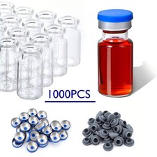 1000x 10ml Vials Glass Clear Bottom Headspace Vial Flip Off Caps Rubber Stopper