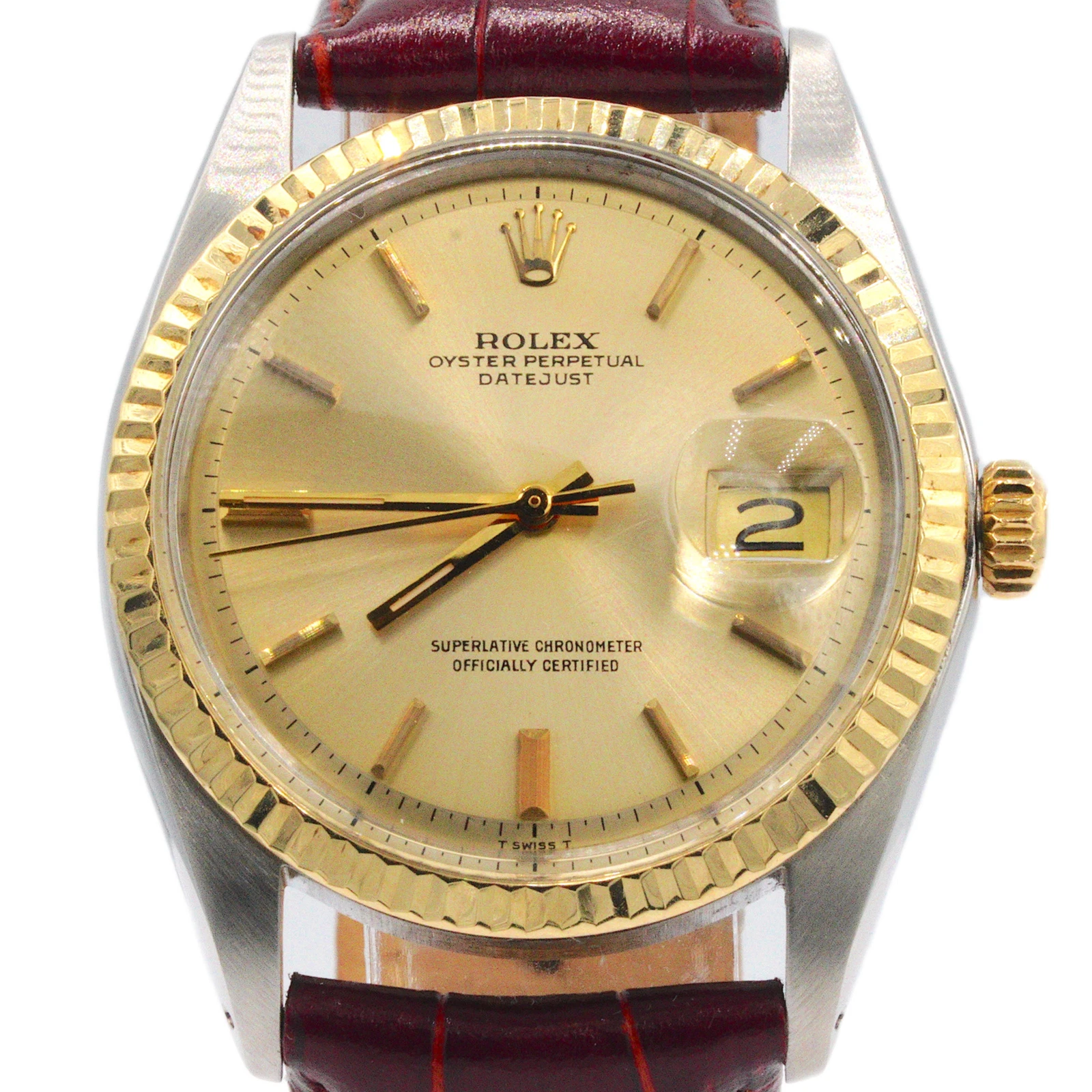 Rolex — Vintage Mens Rolex Datejust 1601 Two-Tone Watch Gold Champagne Dial Brown Strap