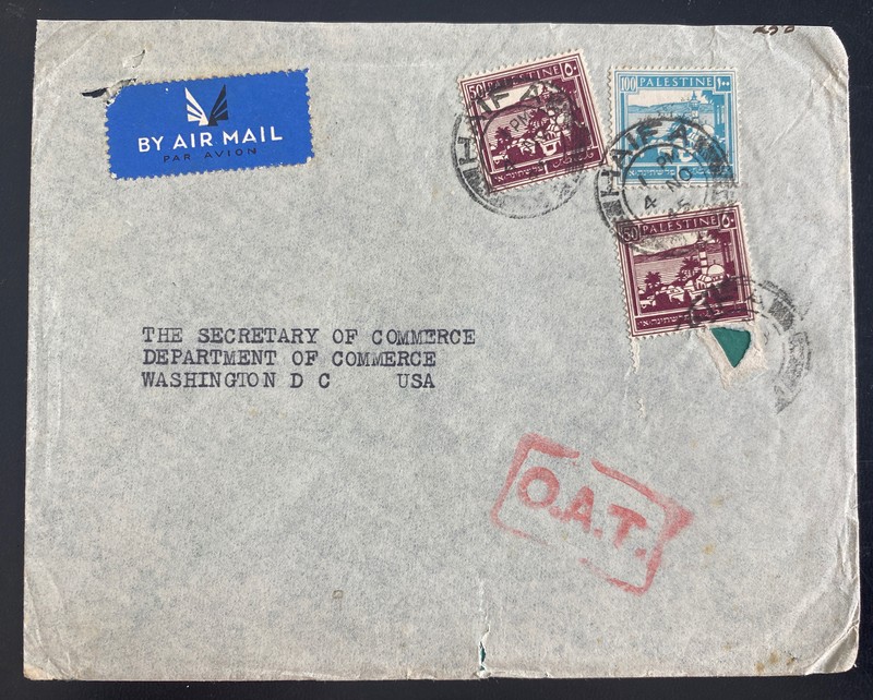 1945 Haifa Palestine Airmail Cover To Secretary Of commerce Washington Dc Usa