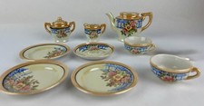 Vintage Miniture Porcelain Tea Set 10pc. Floral Blue Gold Accents 1930's Japan