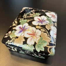 Vintage Japanese Gilded Porcelain Box Black Hibiscus Lidded Vanity Trinket Dish