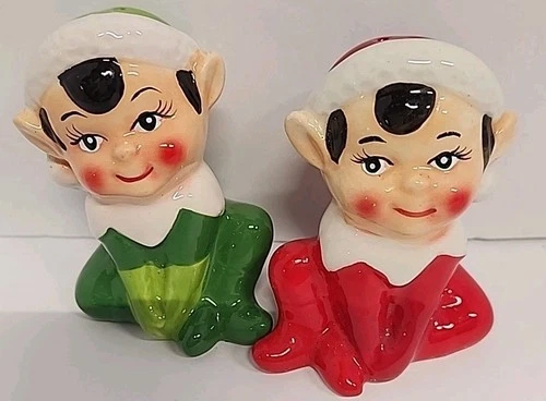 Vtg. Christmas Elf Elves Salt and Pepper Shakers Holiday Green & Red MCM
