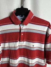 Vtg Tommy Hilfiger Mens Polo Shirt Short Sleeve Stripe Red Sz- L 5998