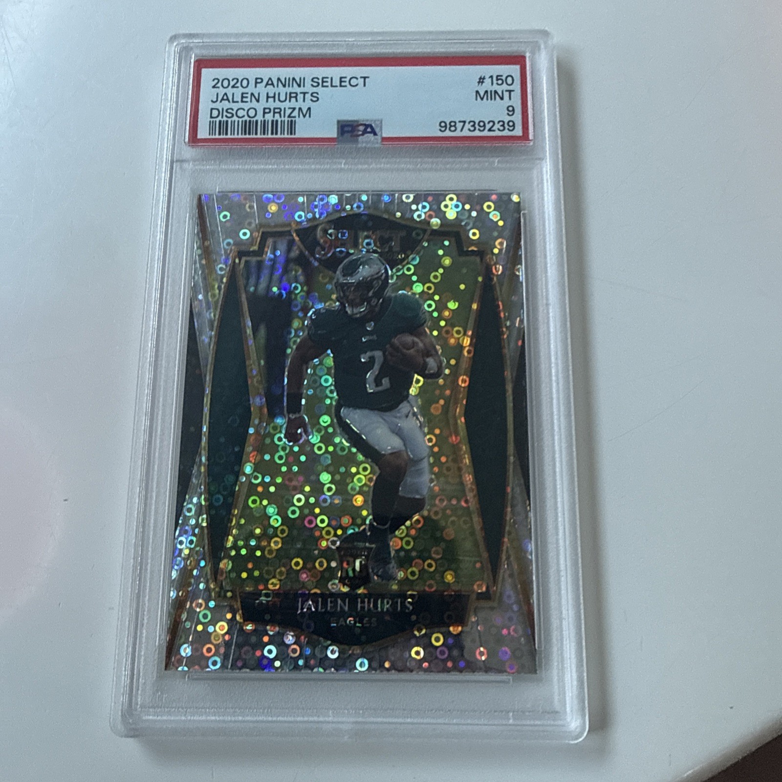 Panini 2020 Select Premier Jalen Hurts RC #150 Disco Prizm PSA 9 view 1