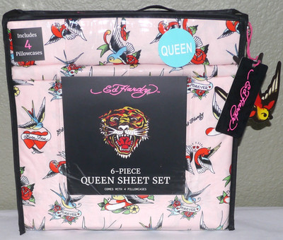 NEW Ed Hardy 6 Pc QUEEN Sheet Set Tattoo Heart Rose Bird Love Flower Born Free