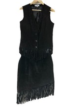 Vintage Lew Magram Leather Fringe Vest  Suede Skirt Black Boho Western Festival