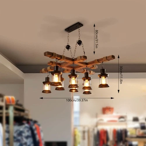 Rustic Wood Chandelier Light 8 Heads Pendant Hanging Lamp Ceiling Fixtures Bar - Image 4 of 4
