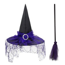 Halloween Purple Witch Hat And Broom, Witch Hat