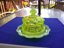 Mosser Vaseline Glass Covered Butter Dish Uranium Glass Cherry Cable Thumb Print