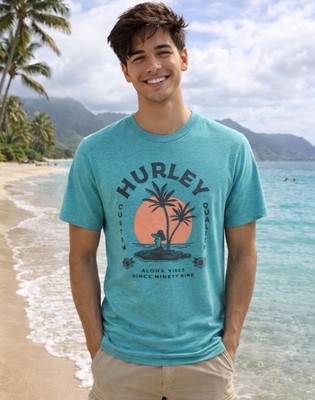 Hurley Graphic T-Shirt Aloha Vibes Surf Tee Green Heather Men s Small