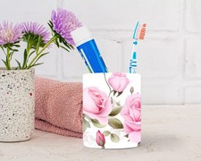 Ceramic Toothbrush Holder Pink Roses Bamboo Lid White Durable Decor