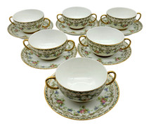 Antique Set of Six J.P. Limoges France Gold Trim Bouillon Floral Cup & Saucer