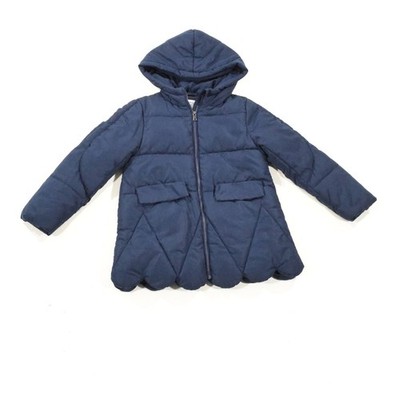 Mayoral Girls Puffer Jacket 7 Navy Blue Hooded Quilted Fleece-Lined Coat