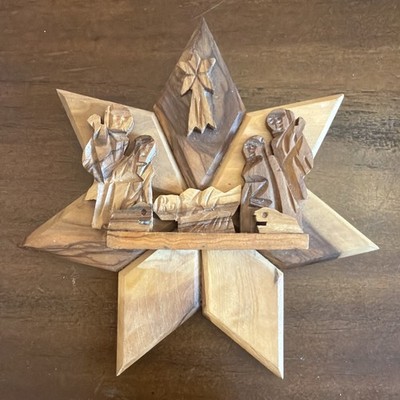 Hand Carved Wooden Nativity Wall Hanging/Ornament Star Religious Christmas Decor