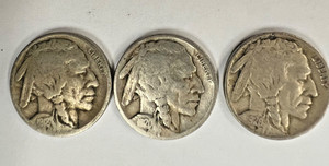 Indian Head Buffalo Nickels 3/Lot 1918 P, 1920 P,  1928 P - Circulated