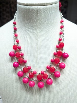 2 Strands Hot Pink & Red  Marble Size Bead Necklace Silver Tone Fashion Jewelry