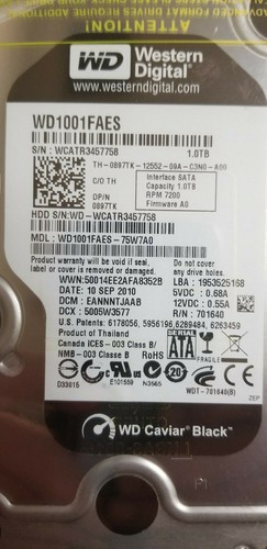 WD WD1001FAES-75W7A0 1TB 3.5" Hard Drive DCM: EANNNTJAAB WD1001FAES - Picture 2 of 2