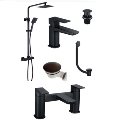 Mattschwarz Quadratisch Thermostat Kopfbrause Set mit Waschtischarmatur + Abfälle