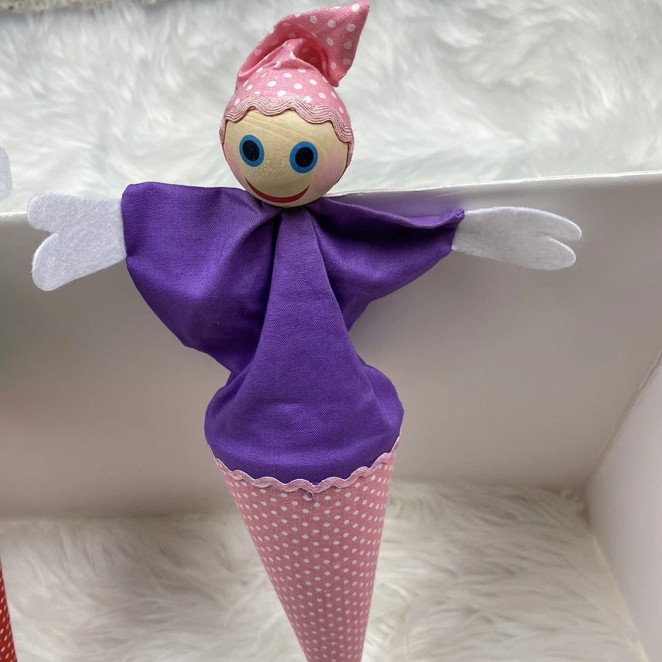 Vintage Peek-A-Boo Set of 2 Pink Purple Girls Puppet Pop Up Cone Wooden Stick - Image 3 of 4
