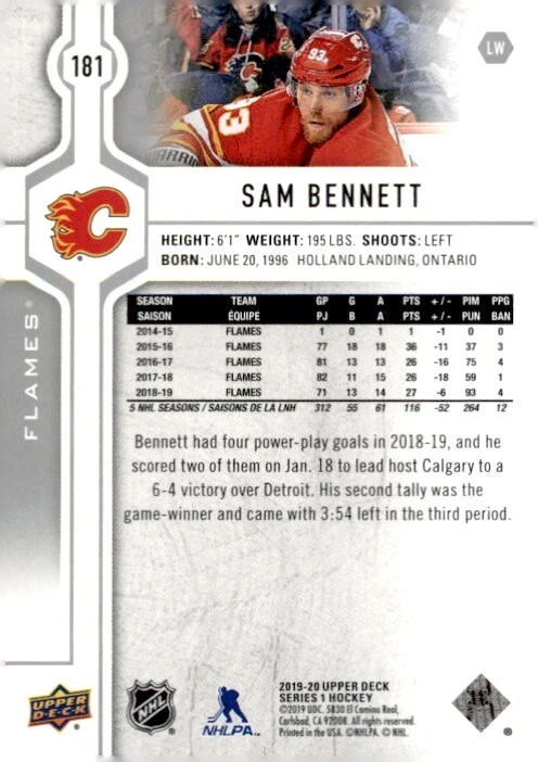2019-2020 Upper Deck Hockey #181 Sam Bennett Calgary Flames Series 1 - Image 2 of 2