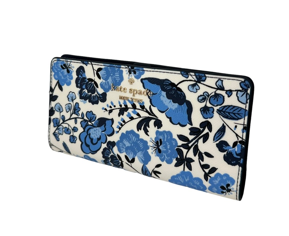 Kate Spade Madison Large Vase Floral Large Slim Bifold Blue Wallet