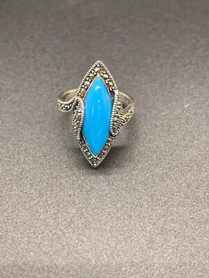 Sterling Silver Simulated Turquoise Marquise Marcasite Ring Size 6 EUC