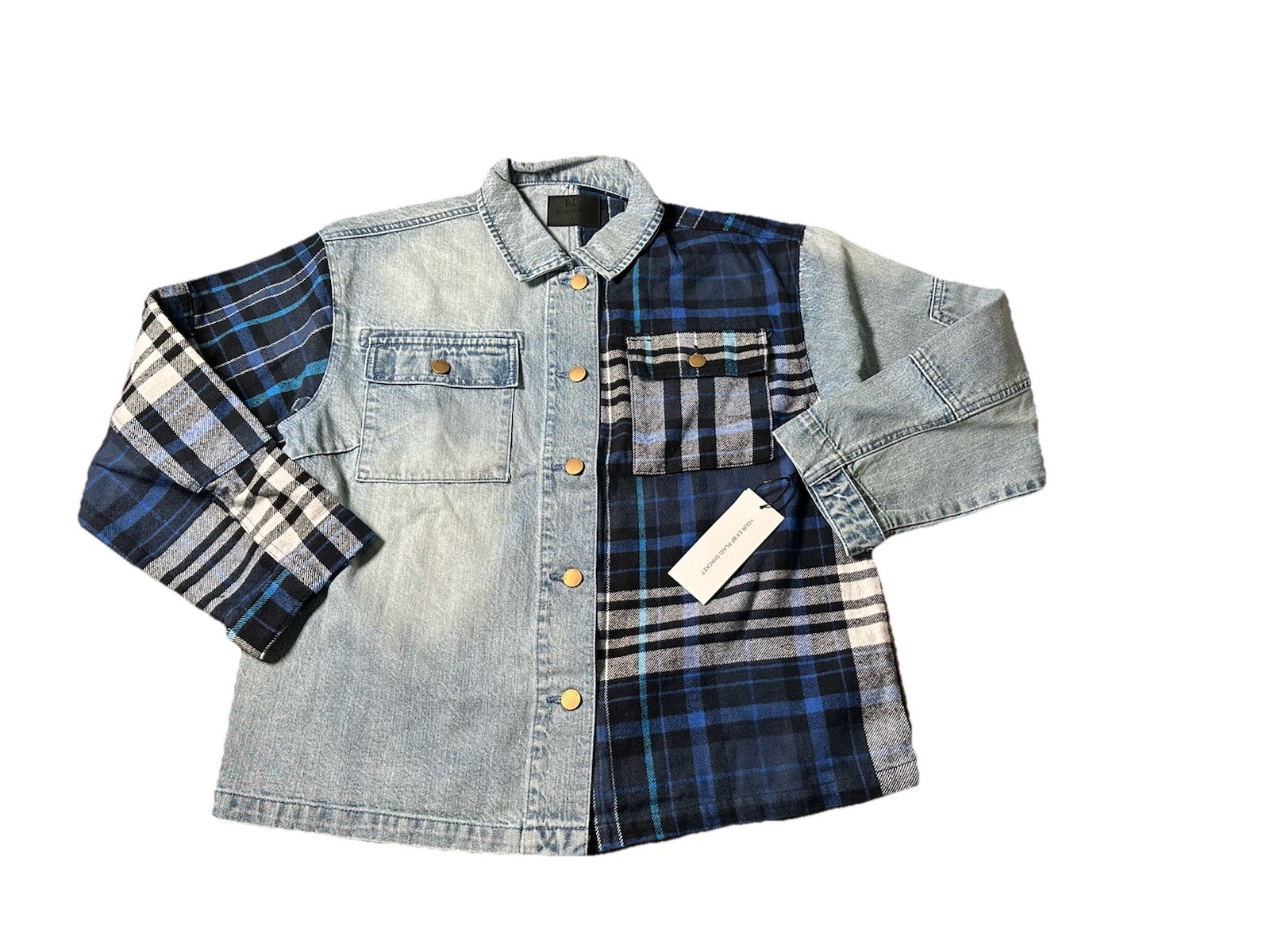 Blue Revival Blue Patch Work Your EX BF Plaid Denim Shacket Size S MSRP $169