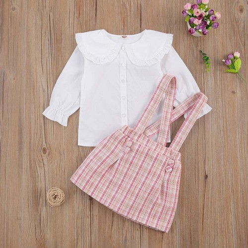 2PCS Toddler Baby Girl Outfits Clothes Button Suit Tops Suspender Dress Set - Picture 7 of 7