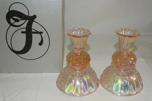 Fenton Art Glass Pair 2 Sunset Carnival Pink Candlesticks 1970 SD Daisy & Button